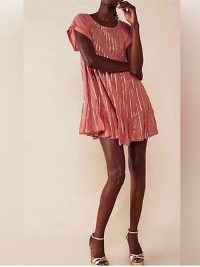 Free People Mint Julep Sequin Coral Flowy Mini Dress Large Chiffon Flapper Boho